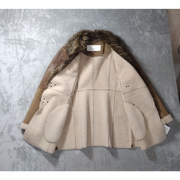 Jessica Simpson Sz L Faux Leather Fur Brown Coat Sherpa Lined Old Money Luxury - Picture 3 of 14